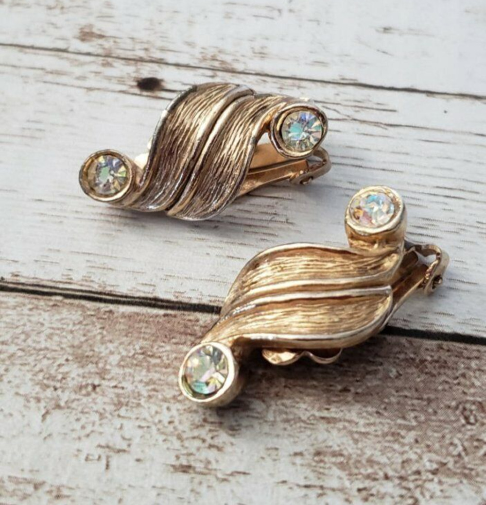 Vintage Clip On Earrings - Gold Tone and Aurora Borealis
